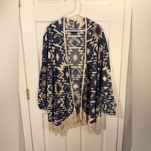 Lucky Brand Blue & Beige Southwestern Boho Fringe Cardigan – XL